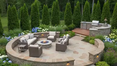Backyard patio design with lighting and landscape beds by professional landscapers in Dayton, OH