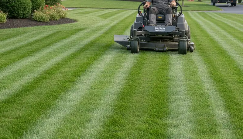 Commercial lawn mower creating clean striped patterns on freshly cut grass in Dayton, OH