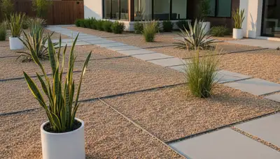 Modern pea gravel landscape with clean lines and geometric plants in Dayton, OH by Chop Chop Landscaping