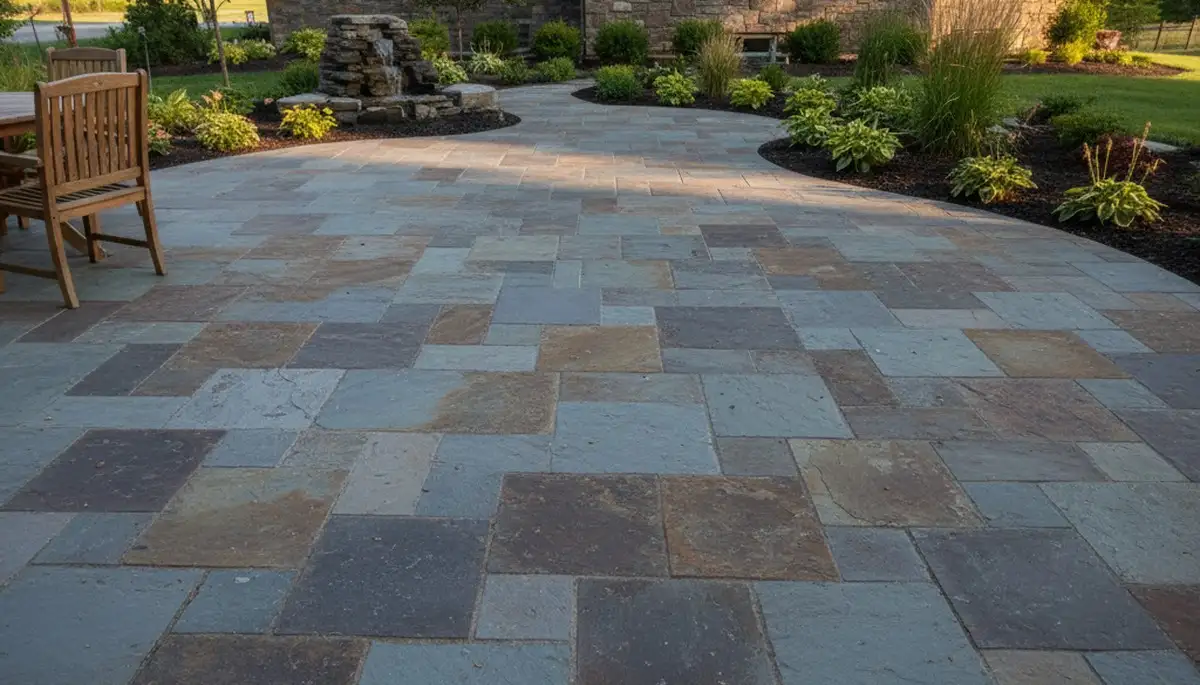 Modern stone slab patio installation by professional landscapers in Dayton, OH