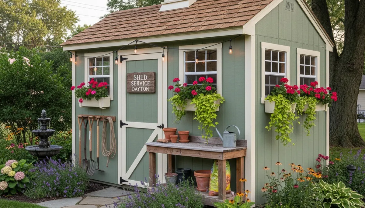 Decorative garden shed with custom landscaping in Dayton, OH by Chop Chop Landscaping