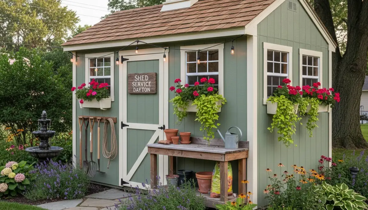 Decorative garden shed with custom landscaping in Dayton, OH by Chop Chop Landscaping