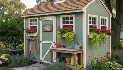 Decorative garden shed with custom landscaping in Dayton, OH by Chop Chop Landscaping