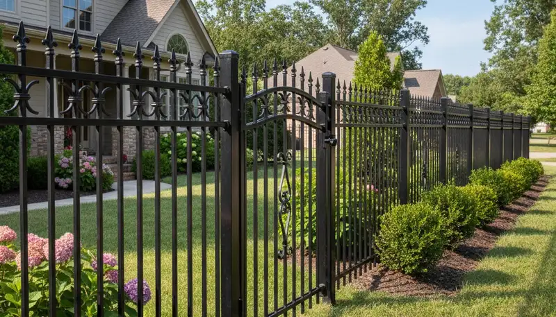 Ornamental black metal fence installation by Chop Chop Landscaping in Dayton, OH for security and curb appeal
