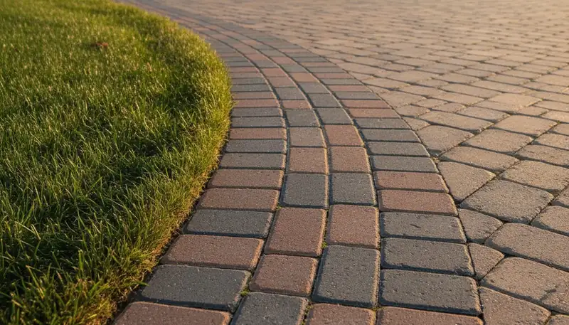 Soldier course paver border with contrasting colors on a custom driveway in Dayton, OH landscaping project