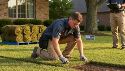 Professional landscaper installing and aligning fresh sod for a new lawn in Dayton, Ohio
