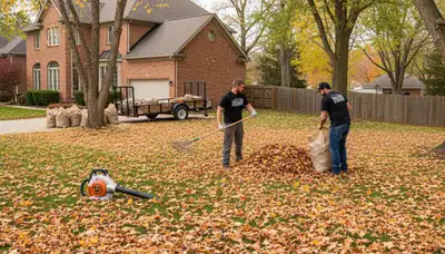 Landscapers raking and bagging fall leaves during yard clean up in Dayton, OH residential lawn