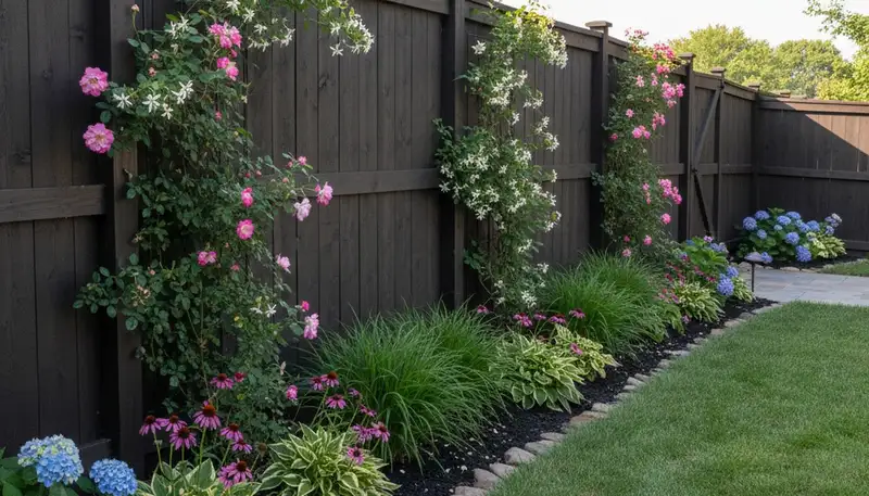 Wood fence with climbing plants and landscape beds by Chop Chop Landscaping in Dayton, OH
