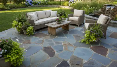 Flagstone patio installation with natural stone pavers by landscaping experts in Dayton, OH