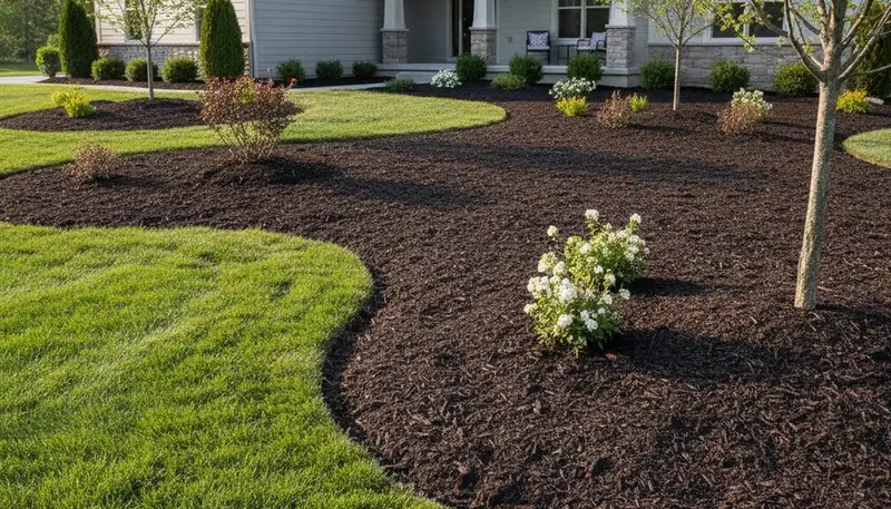 Freshly spread mulch beds with clean edges by professional landscapers in Dayton, OH