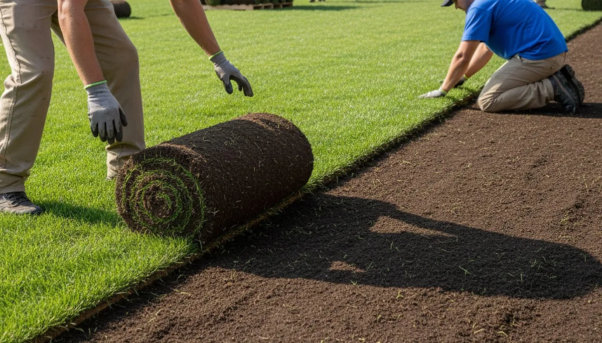 Professional sod installation in Dayton, OH with fresh turf rolls aligned by expert landscapers