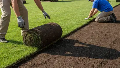 Professional sod installation in Dayton, OH with fresh turf rolls aligned by expert landscapers