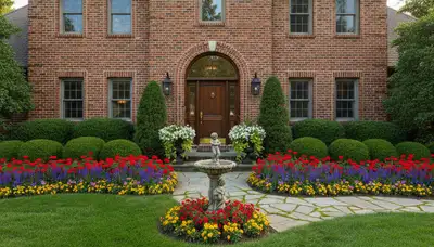 Front yard landscape design with flowers and shrubs at a Dayton, OH home by professional landscapers