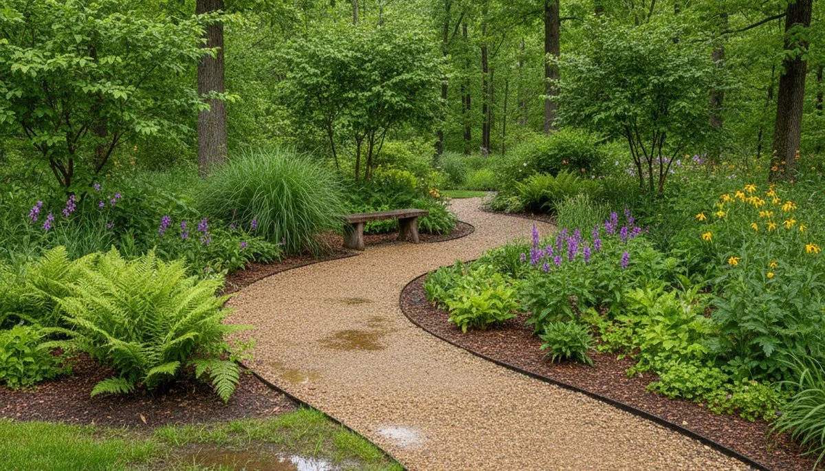 Pea gravel garden path with natural drainage in Dayton, OH landscape by Chop Chop Landscaping