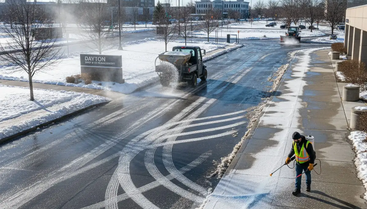 Professional de-icing and salt application by Chop Chop Landscaping in Dayton, OH for safe winter surfaces