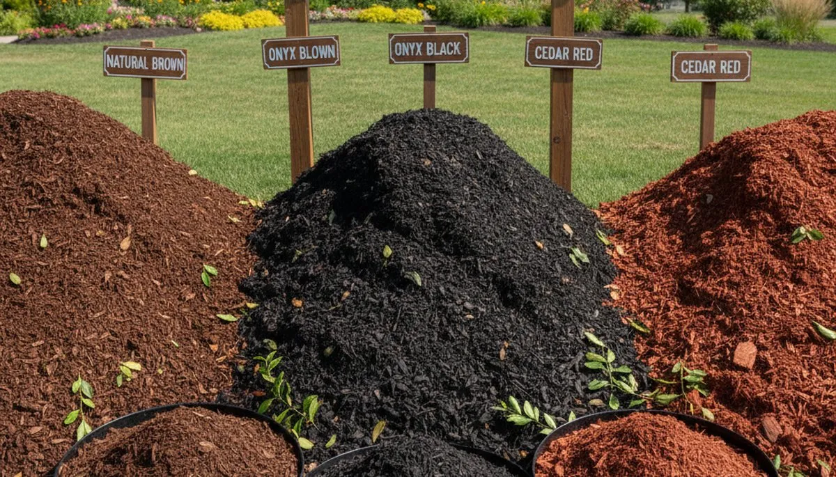 Brown, black, and red mulch variety display for Dayton, OH landscaping by Chop Chop Landscaping