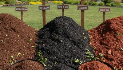 Brown, black, and red mulch variety display for Dayton, OH landscaping by Chop Chop Landscaping