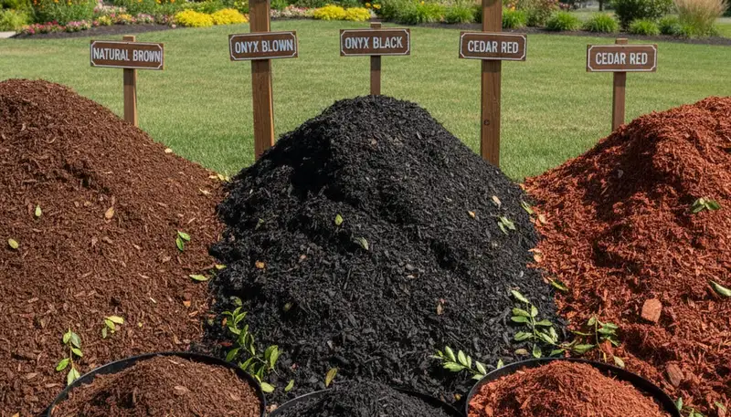 Brown, black, and red mulch variety display for Dayton, OH landscaping by Chop Chop Landscaping