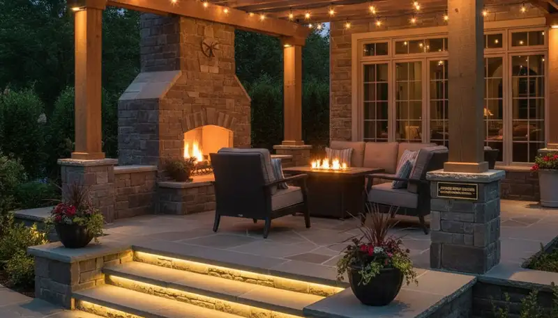 Illuminated patio with post cap and step lights by Chop Chop Landscaping in Dayton, OH