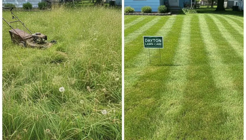 Before and after lawn mowing showing lush green yard transformation by Dayton OH landscaping experts