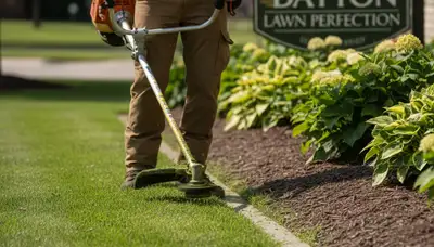 Technician trimming precise lawn edges with string trimmer for landscaping in Dayton, OH