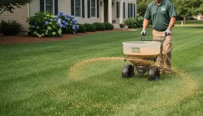 Dayton OH lawn care pro applying fertilizer with broadcast spreader for healthy green turf