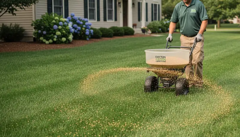 Dayton OH lawn care pro applying fertilizer with broadcast spreader for healthy green turf
