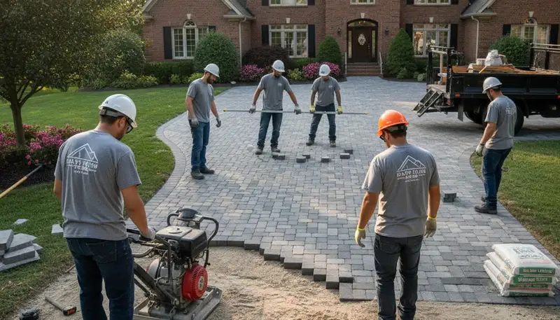 Professional crew installing driveway pavers in Dayton, OH for Chop Chop Landscaping