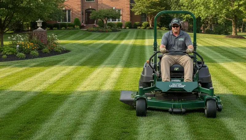 Professional lawn mowing with crisp stripe patterns and edges by Chop Chop Landscaping in Dayton, OH