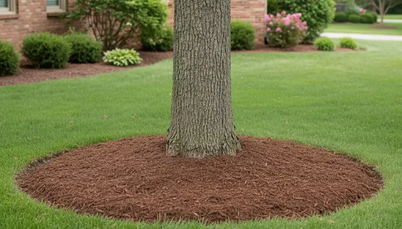 Professional circular mulch ring around tree base in Dayton, OH by Chop Chop Landscaping