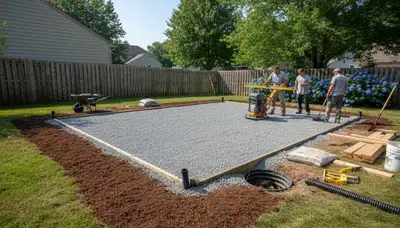 Professional shed base preparation with gravel foundation by landscapers in Dayton, OH