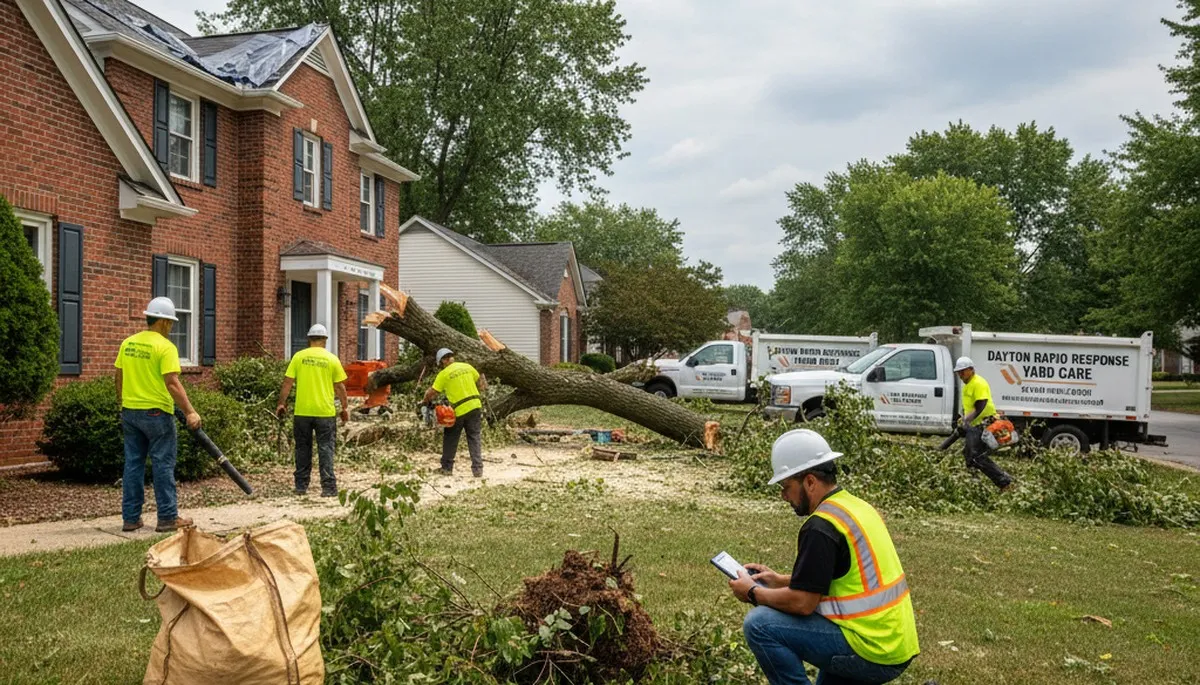Storm debris and branch cleanup by professional landscapers restoring yards in Dayton, Ohio