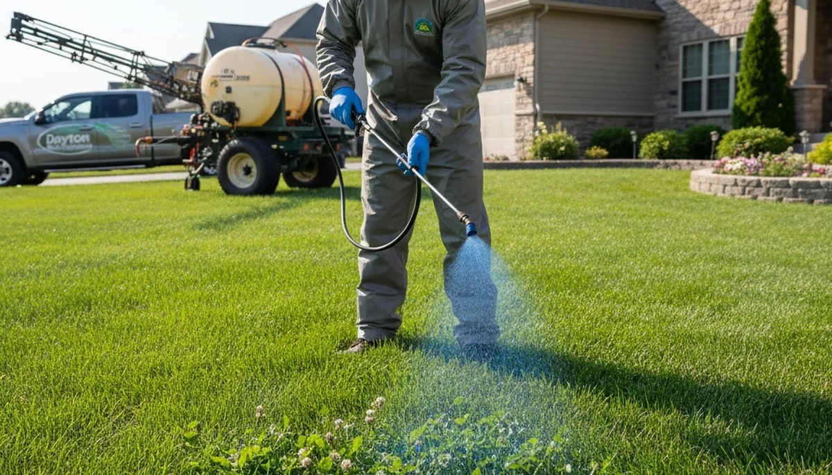 Lawn care technician applying targeted weed control on Dayton, OH residential lawn with professional sprayer