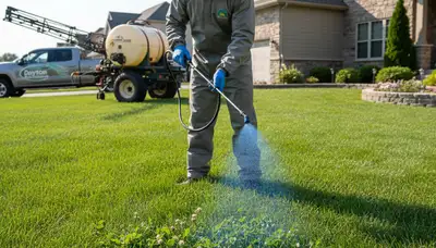 Lawn care technician applying targeted weed control on Dayton, OH residential lawn with professional sprayer