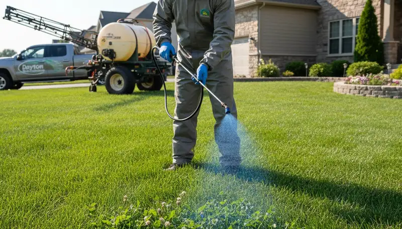 Lawn care technician applying targeted weed control on Dayton, OH residential lawn with professional sprayer