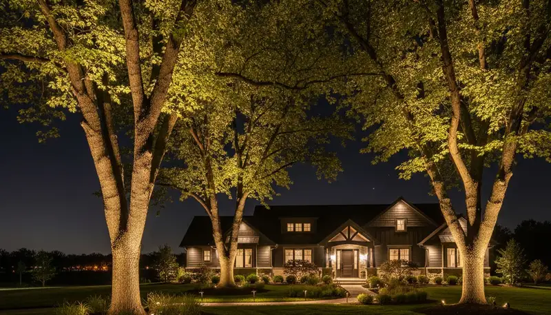 Mature trees with night uplighting by Chop Chop Landscaping in Dayton, OH enhancing landscape design